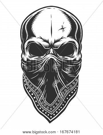 Illustration of skull in bandana on face. Monochrome line work. Isolated on white background