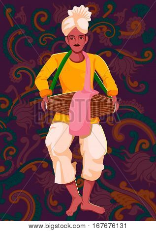 Vector design of artist playing Khol folk music of India on floral background