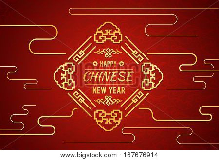 Happy Chinese new year card with chiness diamond frame and on clouds line art background