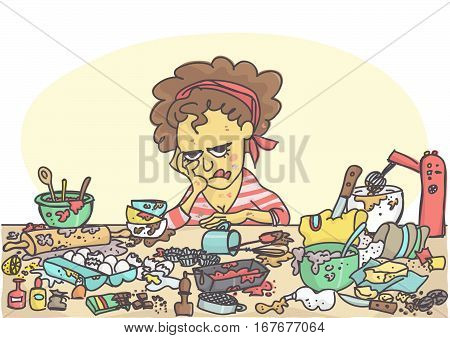 Depressed, sad and stressed woman sitting at messy table full with pastries items and ingredients