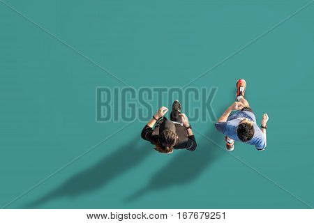 Top view of fitness female and male running