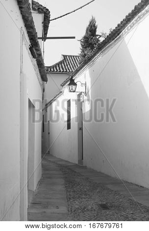 Cordoba (Andalucia Spain): old typical street in the Juderia. Black and white