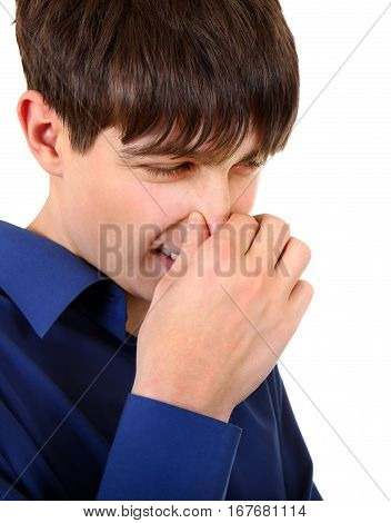 Displeased Young Man feel a Stink Isolated on the White Background