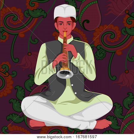 Vector design of artist playing Shehnai folk music of India on floral background