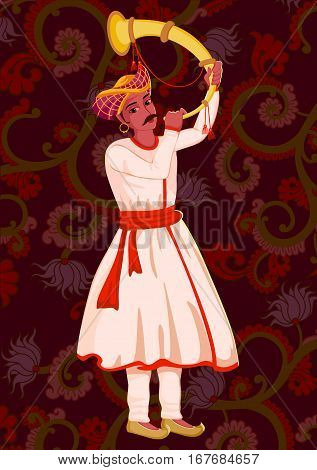 Vector design of artist playing Tutari folk music of India on floral background