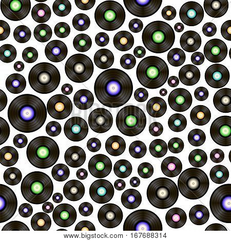 Black Vynil Records Seamless Pattern on White Background