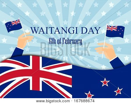 Waitangi Day. Hand Holds A New Zealand Flag, Independence Day. Vector Illustration