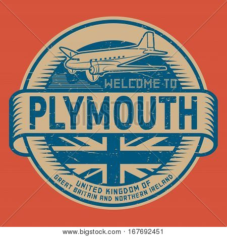 Grunge rubber stamp or tag with airplane and text Welcome to Plymouth United Kingdom vector illustration