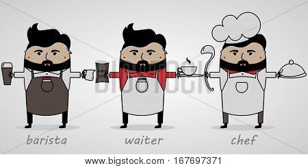 vector illustration cartoon funny man with beard in restauran barista, waiter, cook