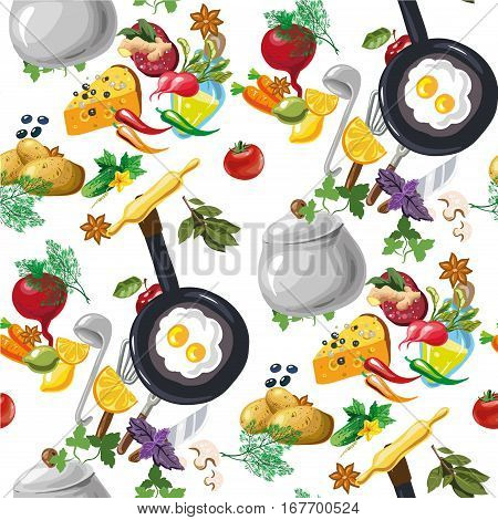 Vector Seamless Pattern With Ink Hand Drawn Vegetables, Herbs And Spices. Decorative Food Background