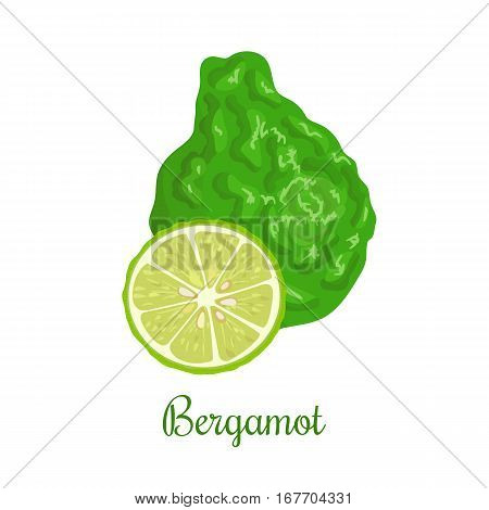 Fresh bergamot or Citrus bergamia. Whole and half. Organic food. Design for essential oil, natural cosmetics, health care products, aromatherapy, homeopathy. For prints, poster, logo, price tag, label