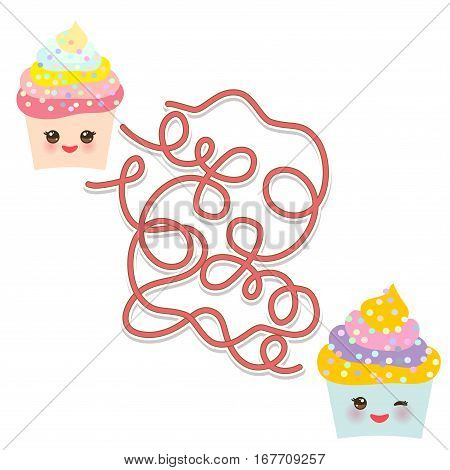 Cupcake Kawaii funny muzzle with pink cheeks winking eyes on white background. labyrinth game for Preschool Children. Vector illustration