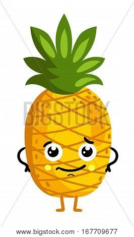 Cute fruit pineapple cartoon character isolated on white background vector illustration. Funny positive and friendly pineapple emoticon face icon. Happy smile cartoon face food emoji, comical fruit