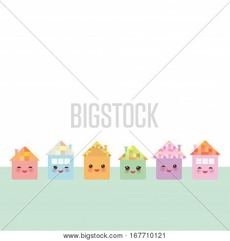 Banner for your text. Funny happy house set kawaii face smile pink cheeks big eyes. pastel colors. Vector illustration