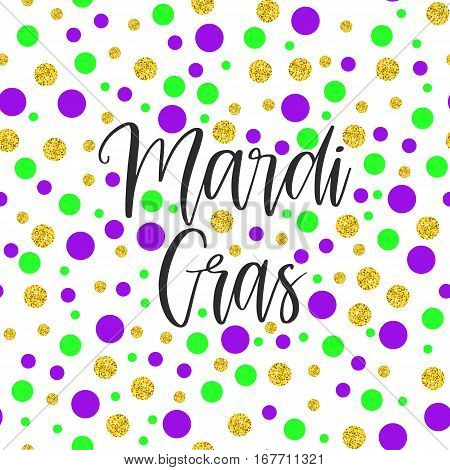 Vector hand drawn phrase - Mardi Gras. Black calligraphy isolated on white background with green purple and golden glitter beads. Holiday banner