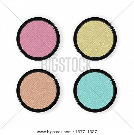 Realistic makeup cosmetics set isolated on white background vector illustration. Colorful facepowder or eyeshadow container collection. Decorative facial cosmetics products, beauty fashion makeup. Cosmetics product concept design
