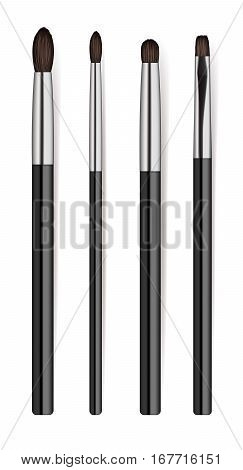 Realistic cosmetics brush set isolated on white background vector illustration. Facial makeup tools collection. Various fashion and beauty professional brush, decorative cosmetics concealer powder. Cosmetics product concept design