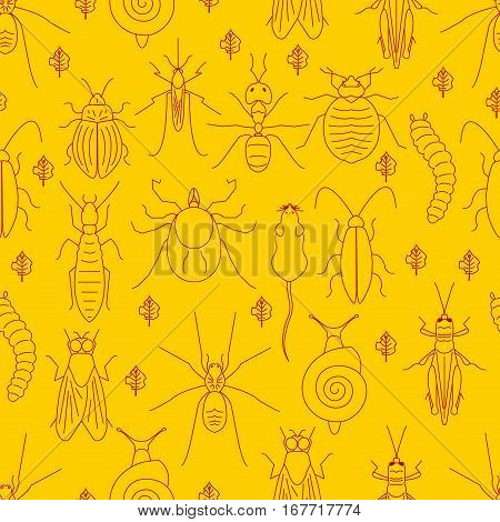 Seamless pattern of red linear pest insects and damaged leaves on yellow background. Parasitic beetle concept. Perfect for exterminator service companies. Vector illustration.