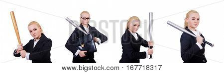 Businesswoman with baseball bat on white