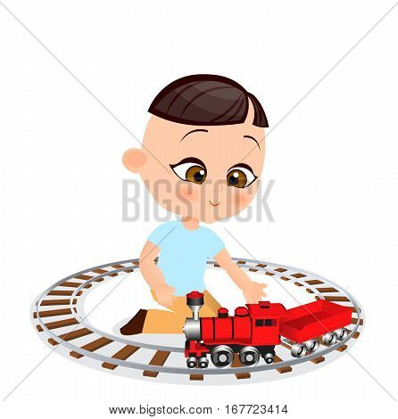 Japanese Boy With Toy Train. Boy Playing With Train. Vector Illustration Eps 10 Isolated On White Ba