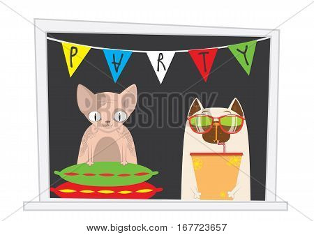 Funny cartoon cats in the window. Cats party