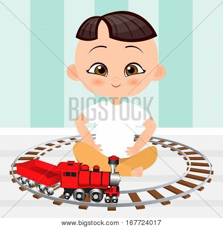Japanese Boy With Toy Train. Boy Playing With Train. Vector Illustration Eps 10 Isolated On White Ba