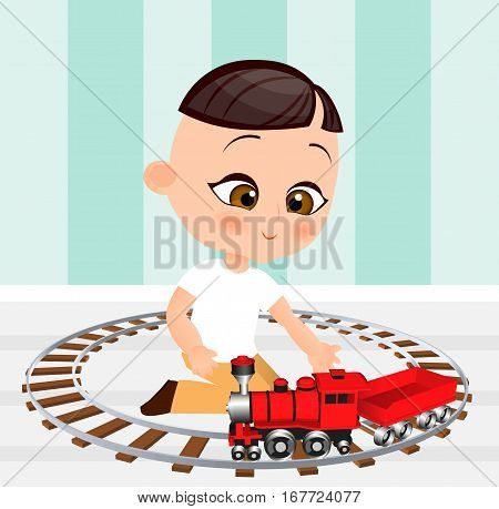 Japanese Boy With Toy Train. Boy Playing With Train. Vector Illustration Eps 10 Isolated On White Ba