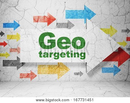 Finance concept:  arrow with Geo Targeting on grunge textured concrete wall background, 3D rendering