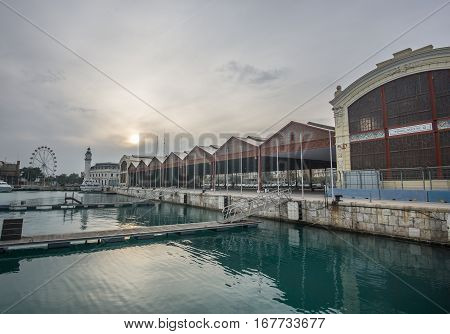 Old buildings of the port of valencia, buildings of the early 20th century. Shed used to protect merchandise