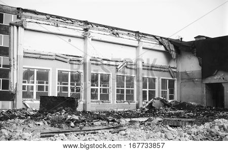 Demolition Of Old School Building. Black And White.