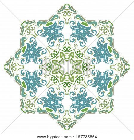 Oriental round colorful pattern with arabesques and floral elements. Traditional classic ornament