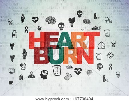Medicine concept: Painted multicolor text Heartburn on Digital Data Paper background with  Hand Drawn Medicine Icons