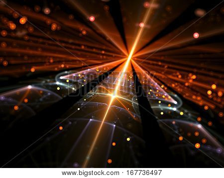 Blurred technology background - abstract computer-generated image. Shiny glass surface with glowing lines and bright bubbles bokeh. Future tech, cosmos or vr concept backdrop.