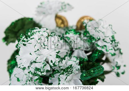 Bouquet of green and white carnations for St. Patrick's Day