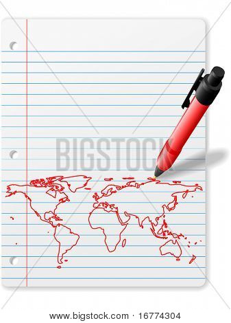 Caneta mapa mundo de desenho em papel de caderno em tinta vermelha abaixo espaço de cópia
