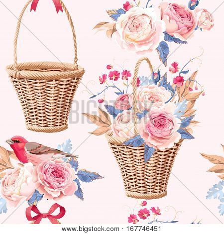Vintage basket with roses vector seamless background