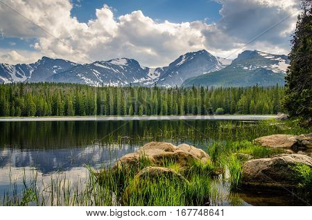 Landscape of a trees and mountains reflected in a lake.