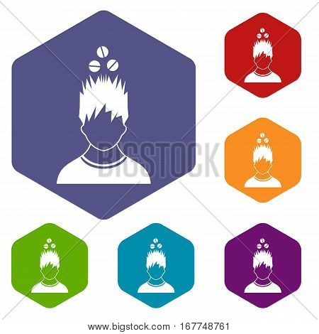 Man with tablets over head icons set rhombus in different colors isolated on white background