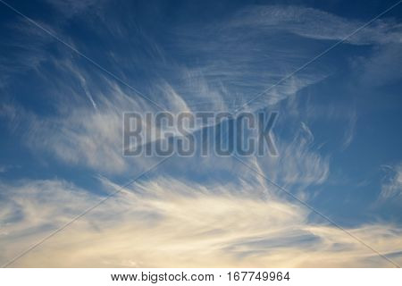 Cirrus clouds on the blue sky at sunset light.