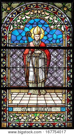 KRAPINA, CROATIA - APRIL 21: Saint Louis stained glass window in the church of Saint Catherine of Alexandria in Krapina, Croatia on April 21, 2016.