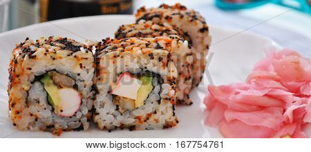 food sushi fish yummy japanese pink crab meat plate cafe restaurant happy meal lunch
