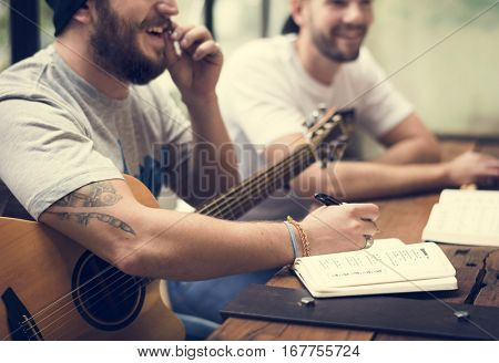 Men Play Guitar Write Song Music Rehersal