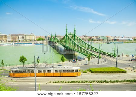 Budapest, Hungary - June 15, 2016: Famous Liberty Bridge Connecting Buda And Pest Across The River D