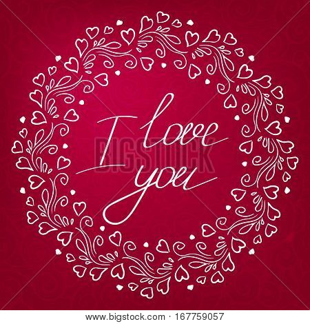 vector round hand drawing frame swirl with hearts lettering I love you whorl pattern on background