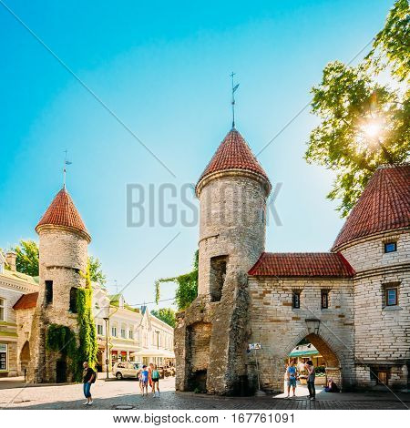 Tallinn, Estonia - July 26, 2014: Famous Viru Gate - Part Old Town Architecture Estonian Capital. Viru Gates Were Built In The 14thc, Still Standing Today. Famous Landmark