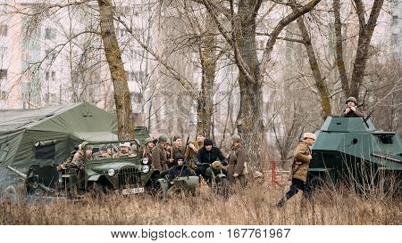 Gomel, Belarus - November 26, 2016: Unidentified Re-enactors Dressed As Russian Soviet Infantry Soldiers Of World War II At Celebration of 73rd anniversary of liberation of Gomel from Nazi Invaders