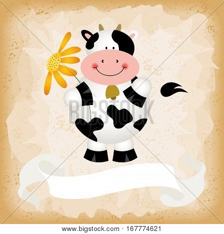 Scalable vectorial image representing a cute cow on old vintage background.