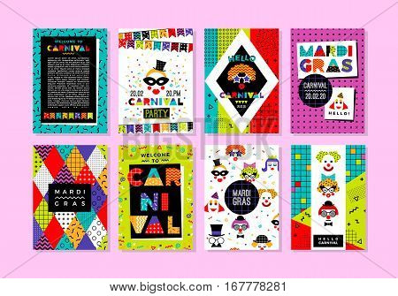 Carnival templates in Memphis style. Vector backgrounds with geometric ornaments in the style of 80-90. For carnival concept and other users.