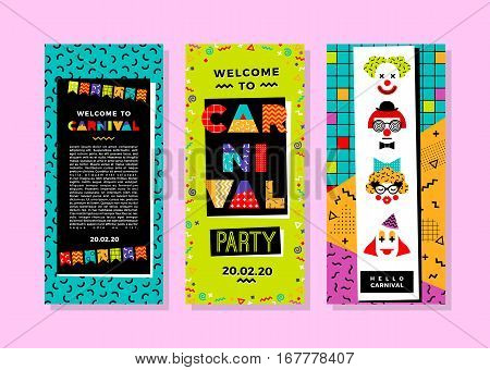 Carnival templates in Memphis style. Vector backgrounds with geometric ornaments in the style of 80-90. For carnival concept and other users.