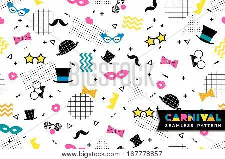 Carnival seamless pattern in Memphis style. Vector background with carnival symbols geometric ornaments in the style of 80-90.
